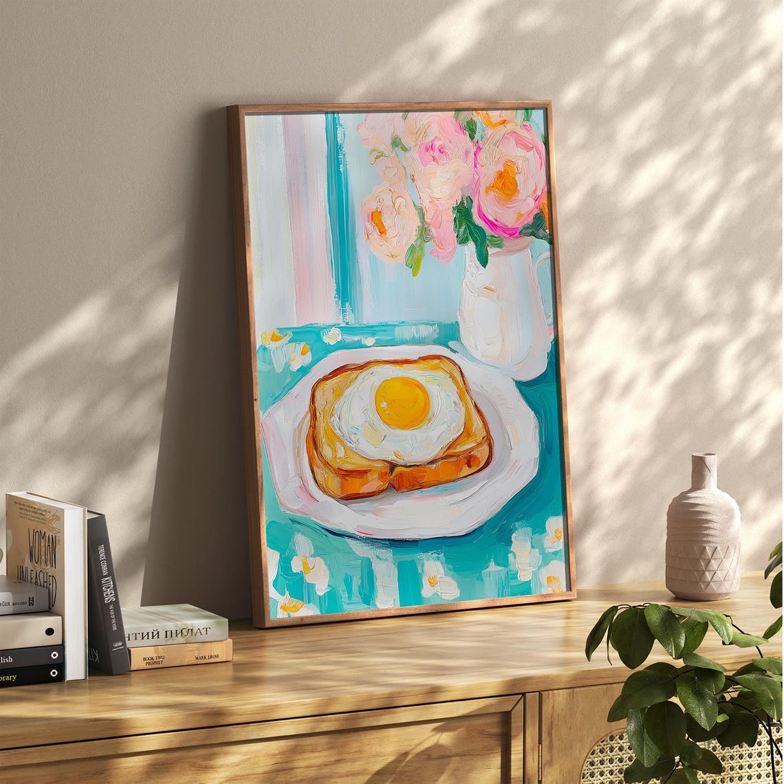 Fried Egg Toast With Peonies Turquoise Breakfast Table Poster - Image 2