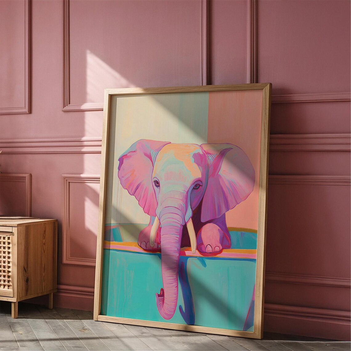 Pastel Pink Elephant in Turquoise Bathtub Whimsical Bathroom Poster - Image 4