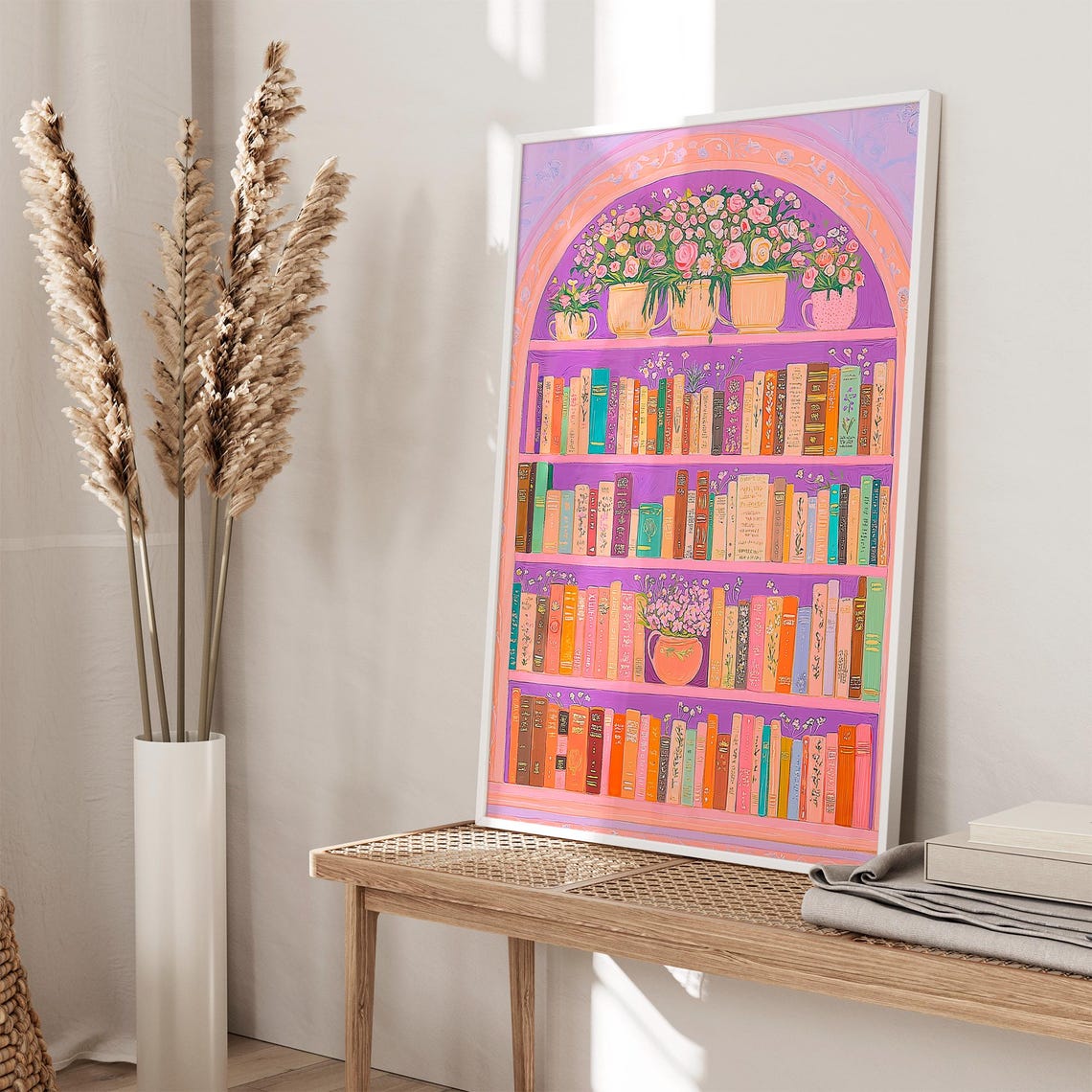 Pink Library Bookshelf Arch Floral Roses Reading Nook Wall Art - Image 2