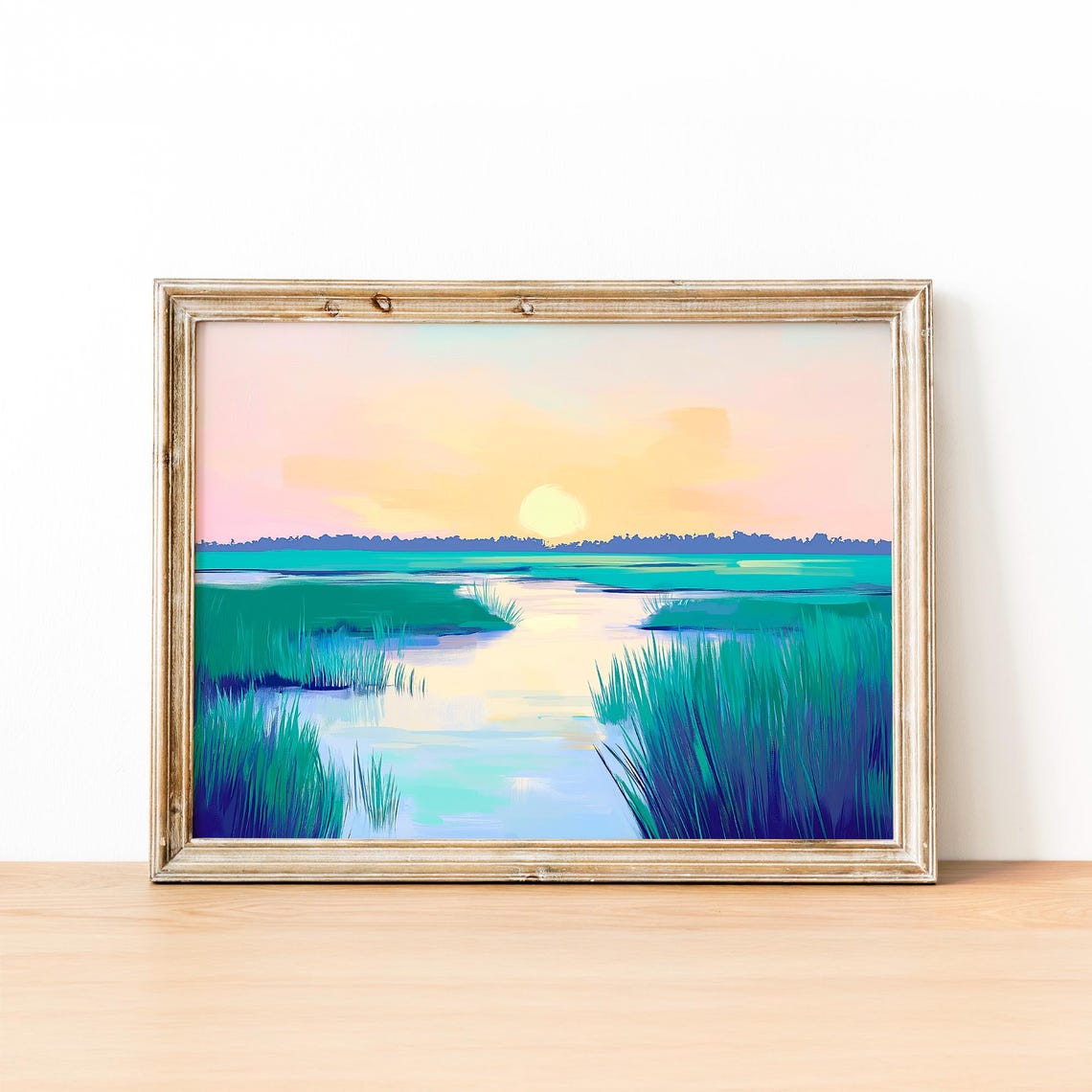 Coastal Marsh Sunset With Winding Creek And Teal Grasses Poster - Image 2
