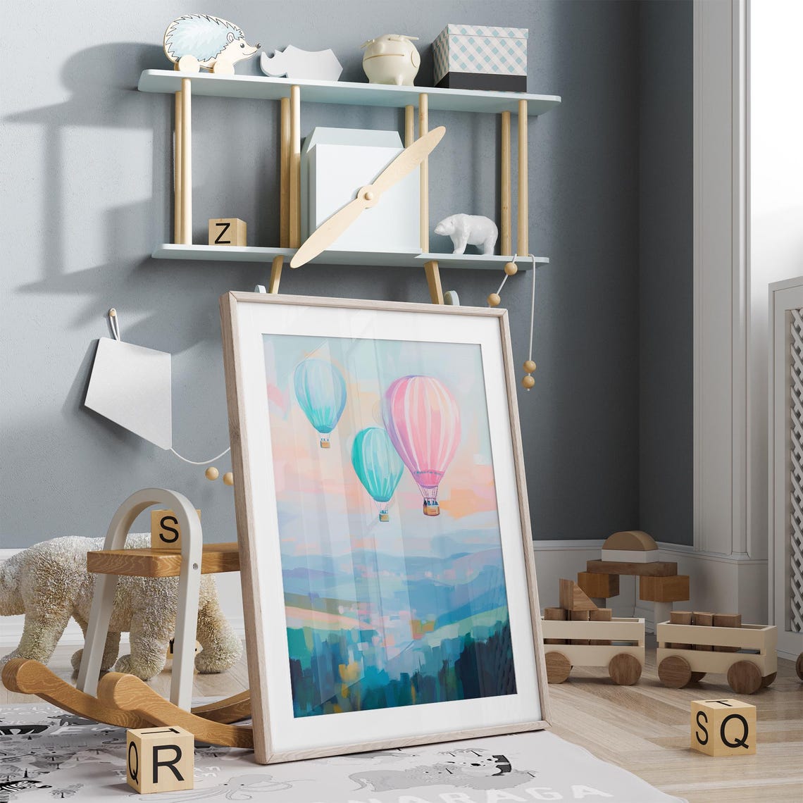 Hot Air Balloons Drifting Over Misty Valley Sunset Pastel Poster - Image 3