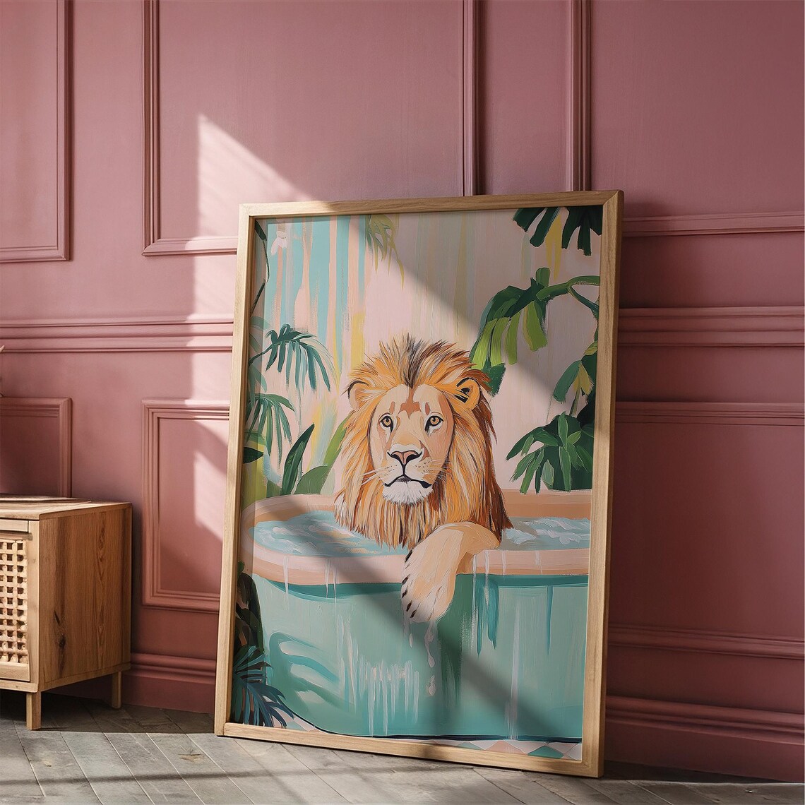 Lion Relaxing in Turquoise Bathtub Tropical Pastel Bathroom Poster - Image 5