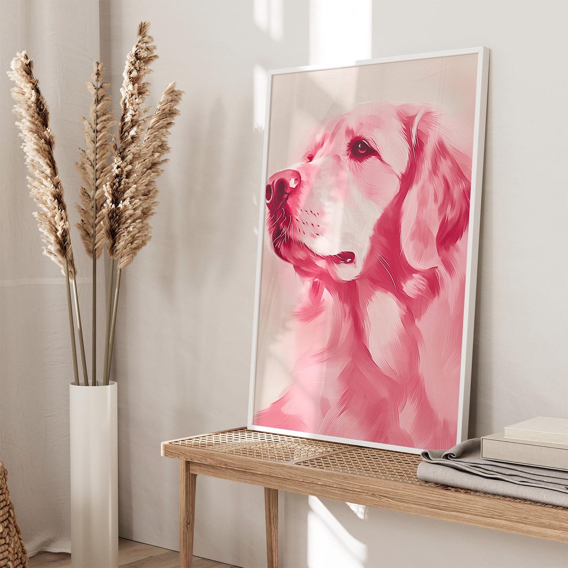 Pink Golden Retriever Painting Monochrome Pet Portrait Retro Animal Wall Art Pastel Puppy Colorful Animal Wall Art - Image 3