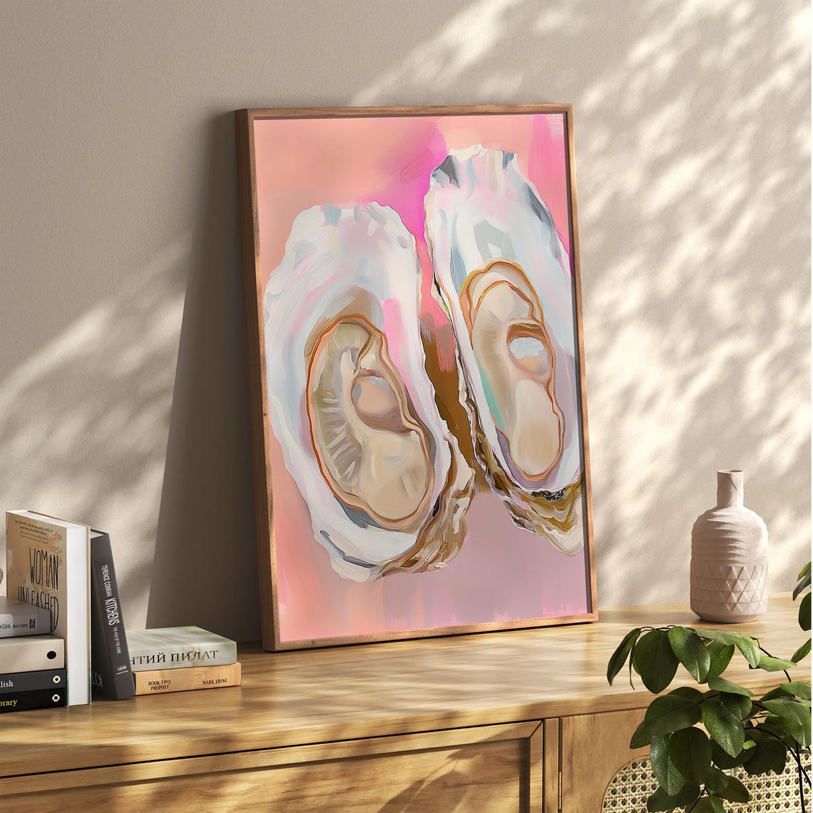 Two Fresh Oysters On Pink Background Coastal Shell Art Poster - Image 4