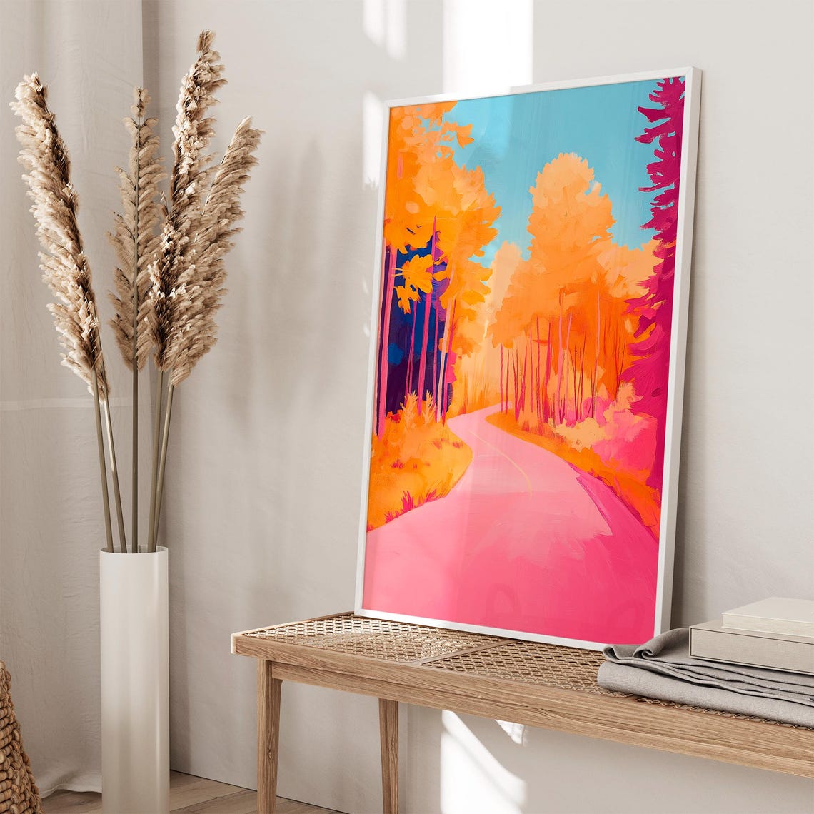 Pink Forest Road Through Orange Autumn Woods Fall Landscape Wall Art - Image 3