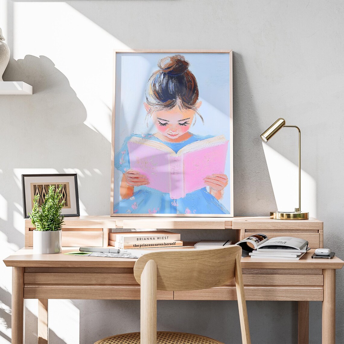 Girl in Floral Blue Dress Reading a Pink Book Nursery Decor Poster - Image 3