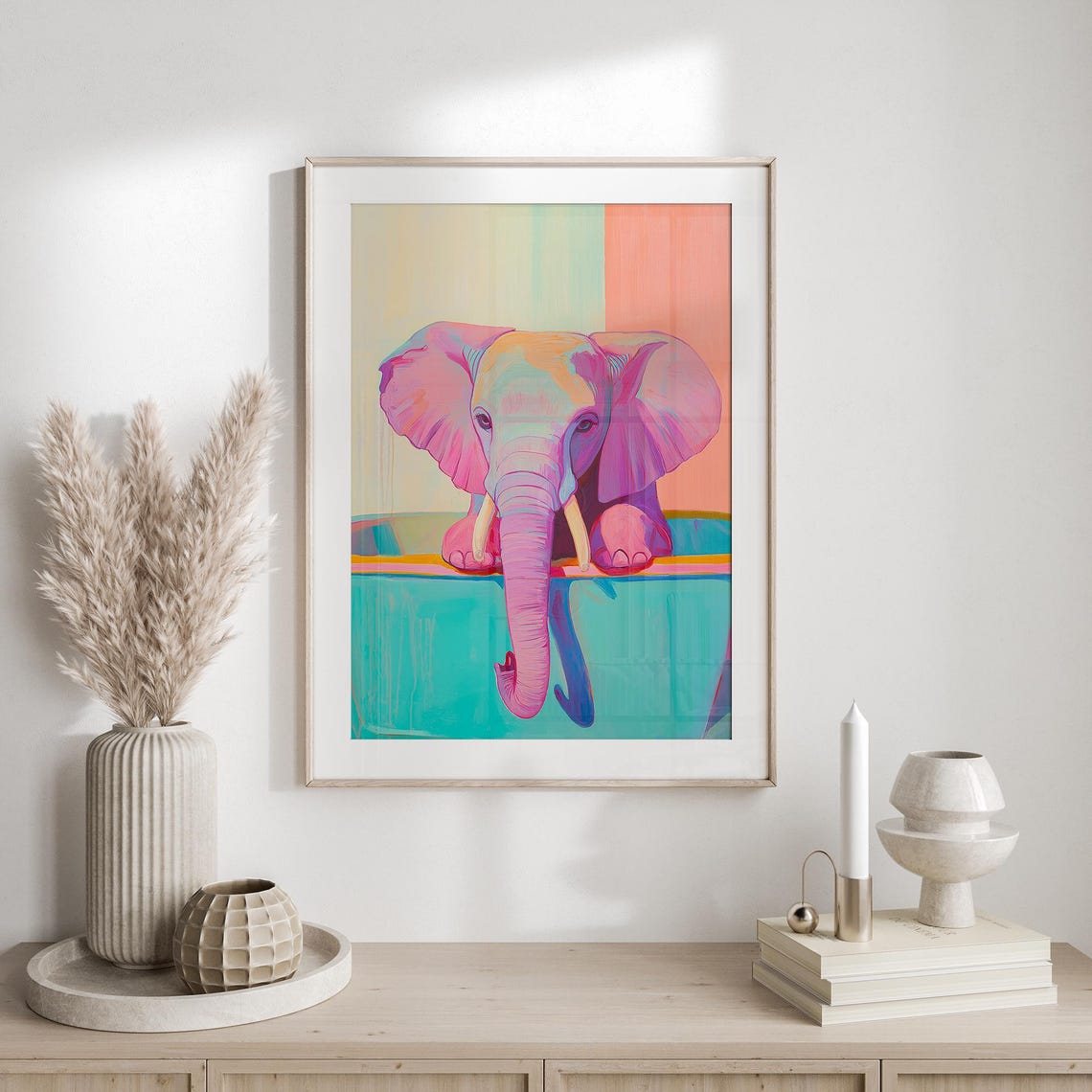 Pastel Pink Elephant in Turquoise Bathtub Whimsical Bathroom Poster - Image 5