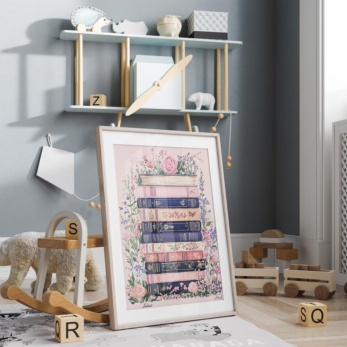 Blush Pink Book Stack Floral Roses Reading Nook Book Lover Poster - Image 3