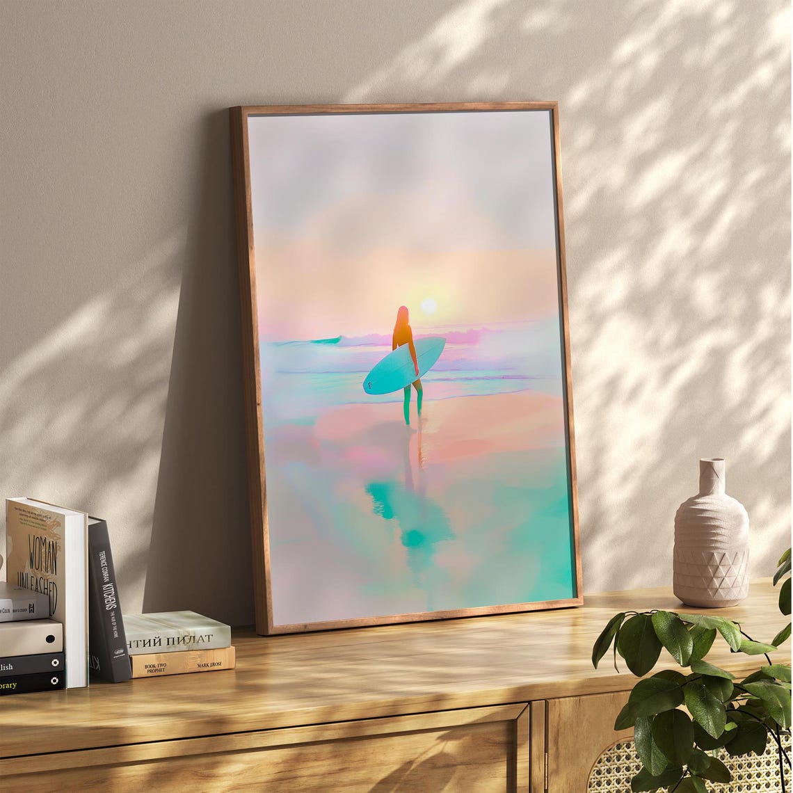 Surfer Girl Painting Surfer Girl Wall Art Preppy Coastal Room Art Summer Sunset Poster Vibrant Surfer Poster - Image 2