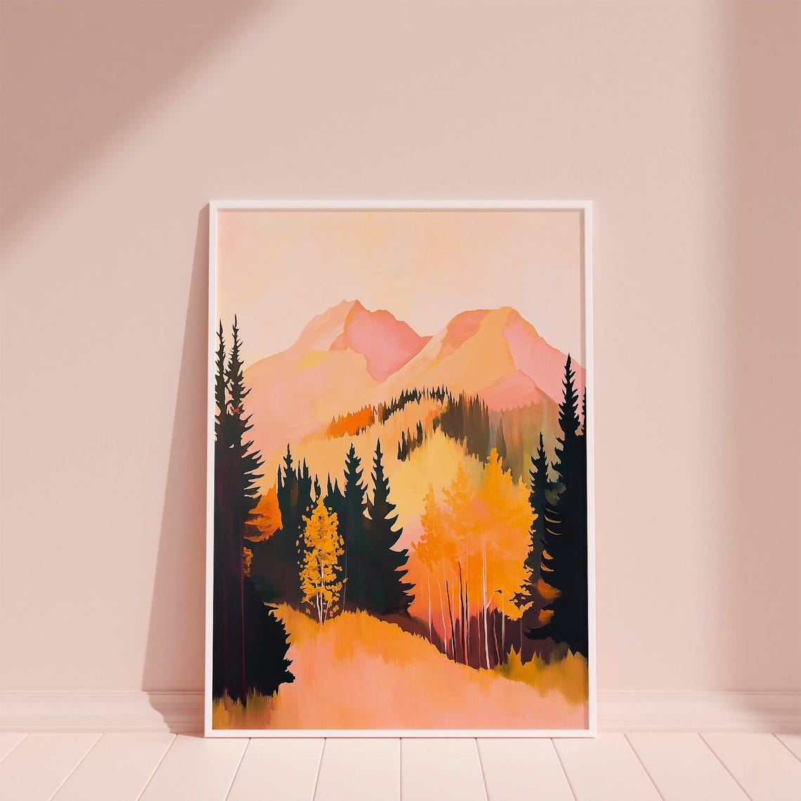Pink Mountain Peaks Rising Over Golden Autumn Pines Landscape Poster - Image 2