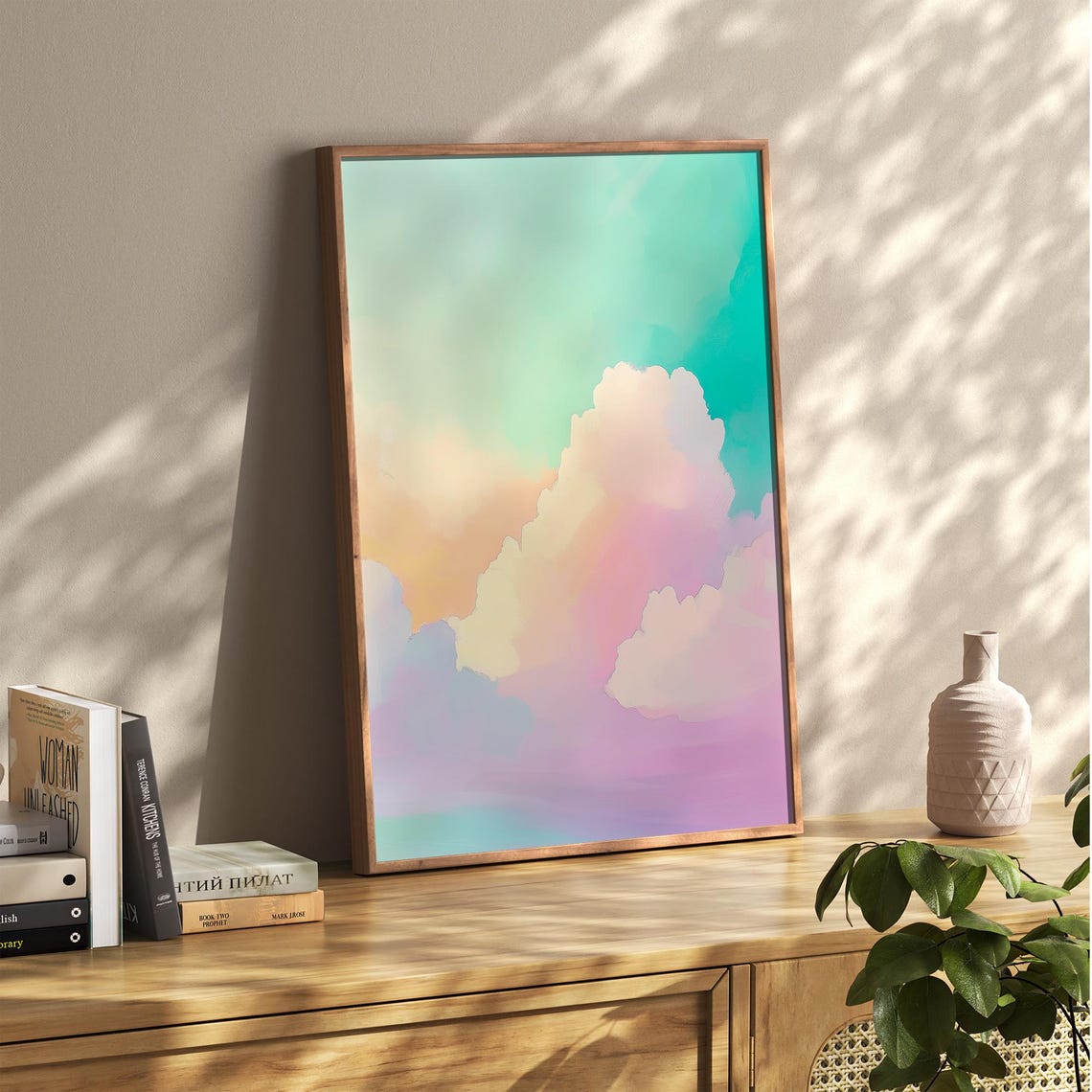 Pastel Pink Clouds Drifting Across a Dreamy Teal Sky Art Poster - Image 6