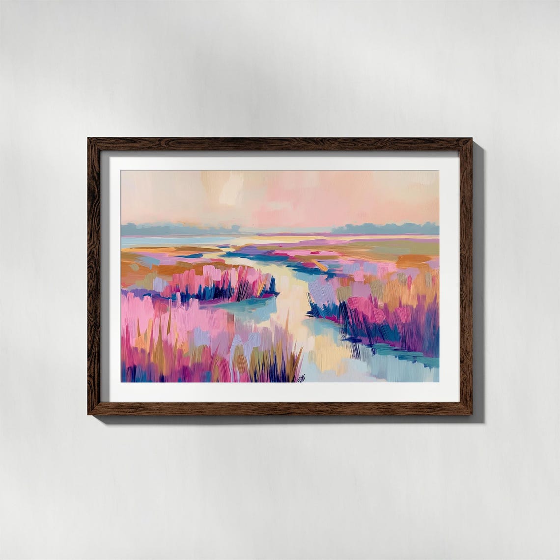 Vibrant Pink Marsh Reeds Around Winding Creek Modern Art Poster - Image 4