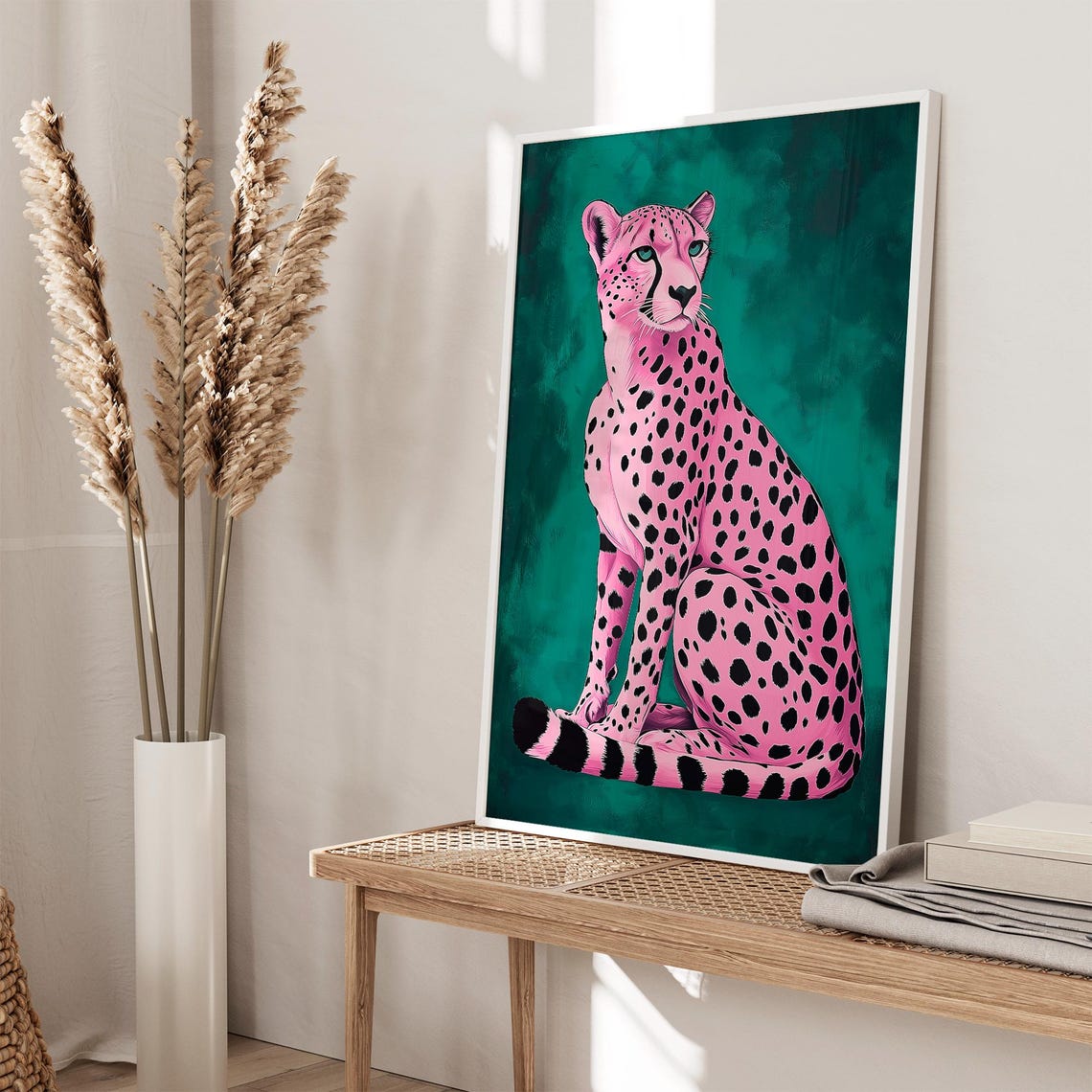 Pink Cheetah on Emerald Green Background Trendy Animal Wall Art - Image 2
