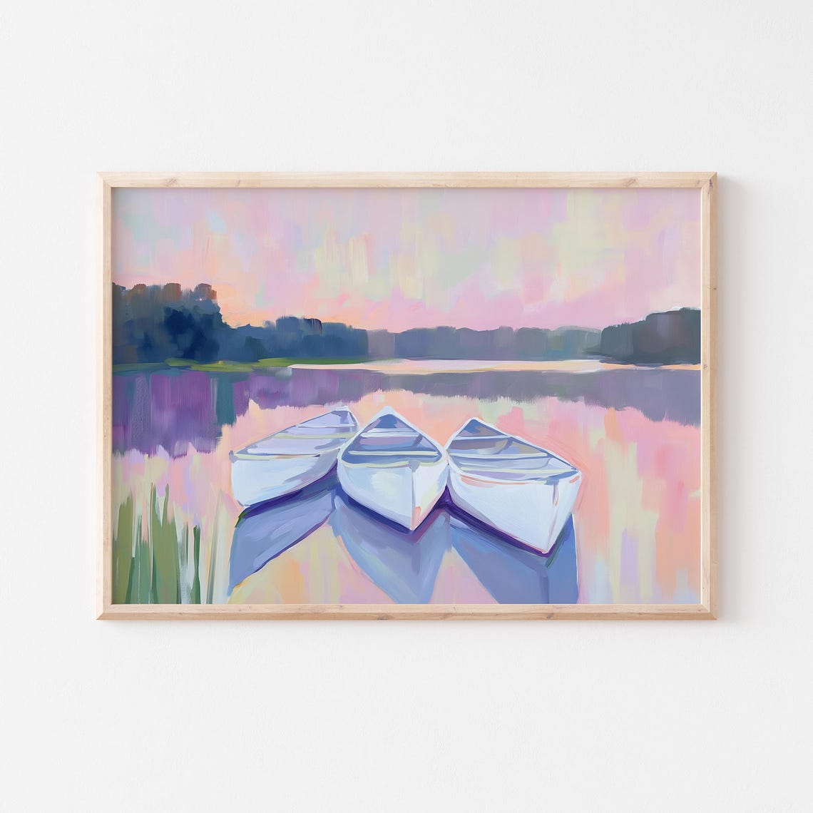 Three White Rowboats Resting On Pink Sunset Lake Boating Poster - Image 6
