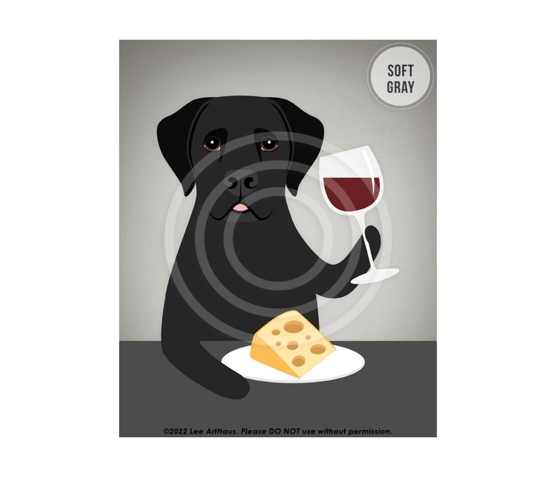 Black Labrador Drinking Wine And Eating Cheese Funny Dog Art Poster - Image 3