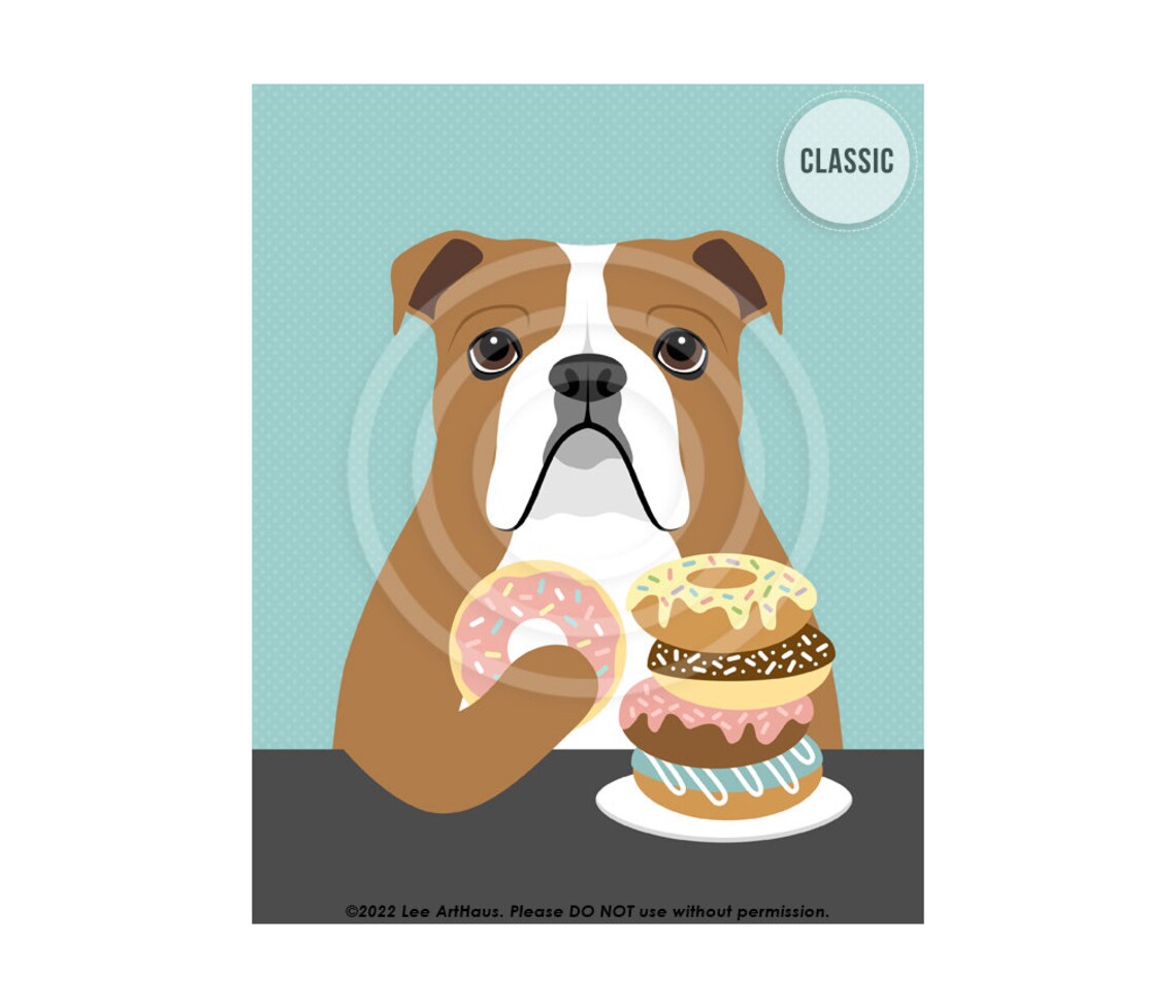 English Bulldog Eating Pink Frosted Donut Stack Funny Dog Poster