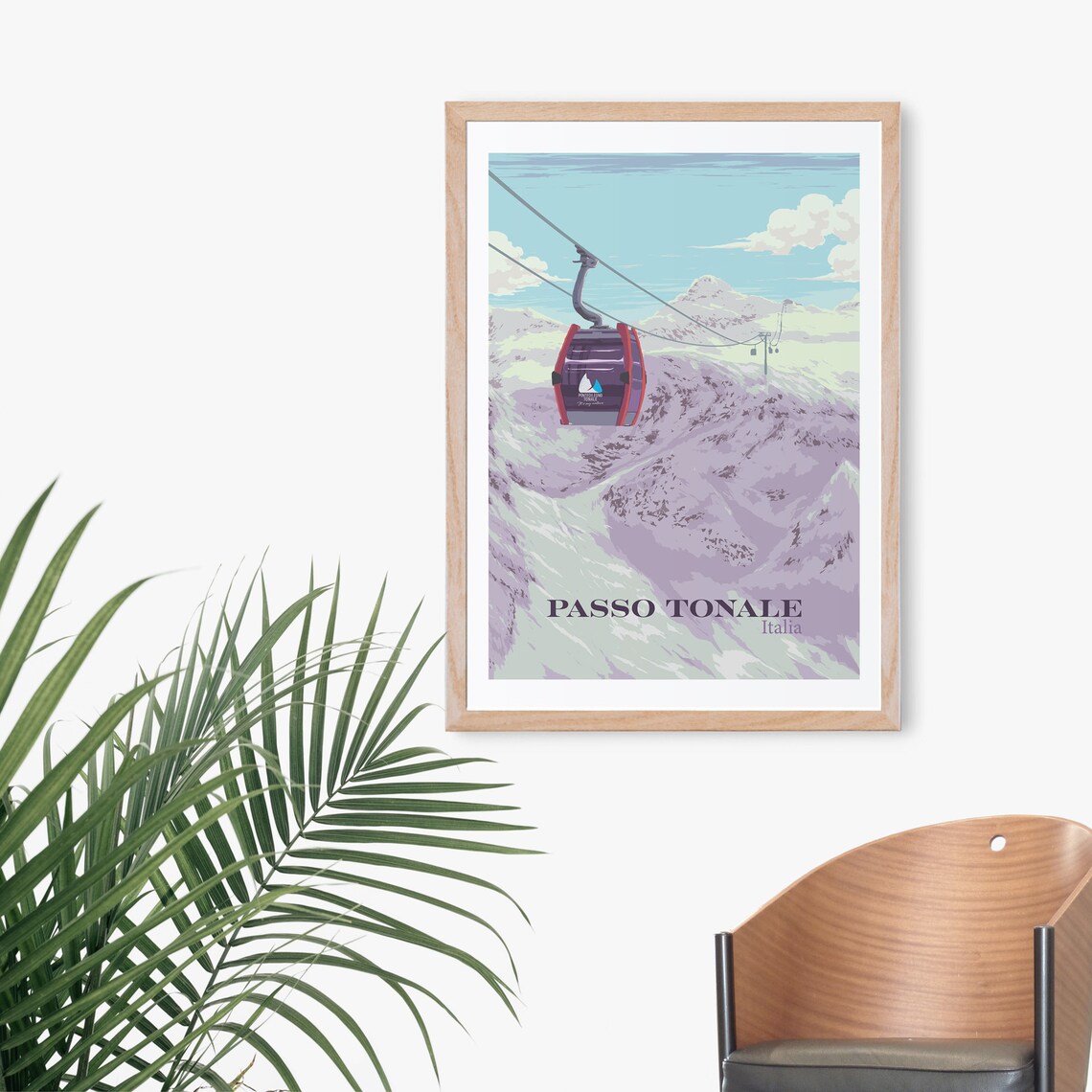 Passo Tonale Italy Red Gondola Snowy Peaks Vintage Ski Poster - Image 3