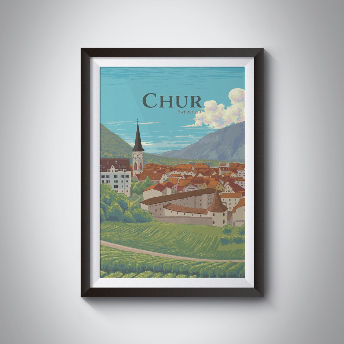 Chur Old Town With Cathedral Spire Switzerland Travel Poster