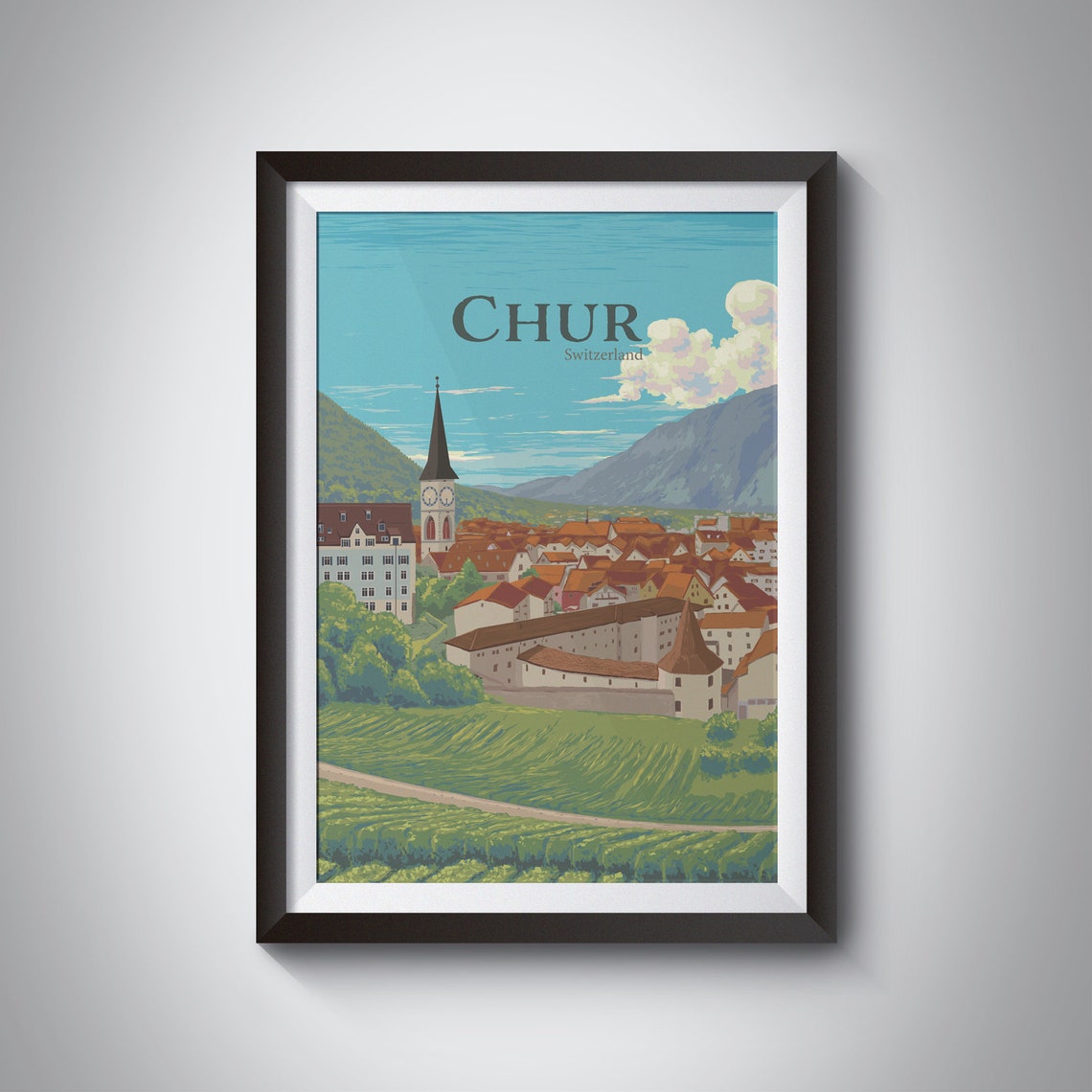 Chur Switzerland Travel Poster Swiss Alps Alpine Grisonian Rhine Valley Hiking Cathedral Of Assumption Of Mary Framed Travel Print