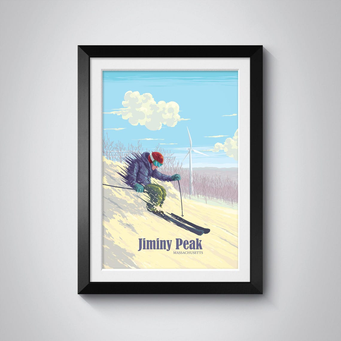 Jiminy Peak Massachusetts Skier Wind Turbine Retro Vintage Ski Poster