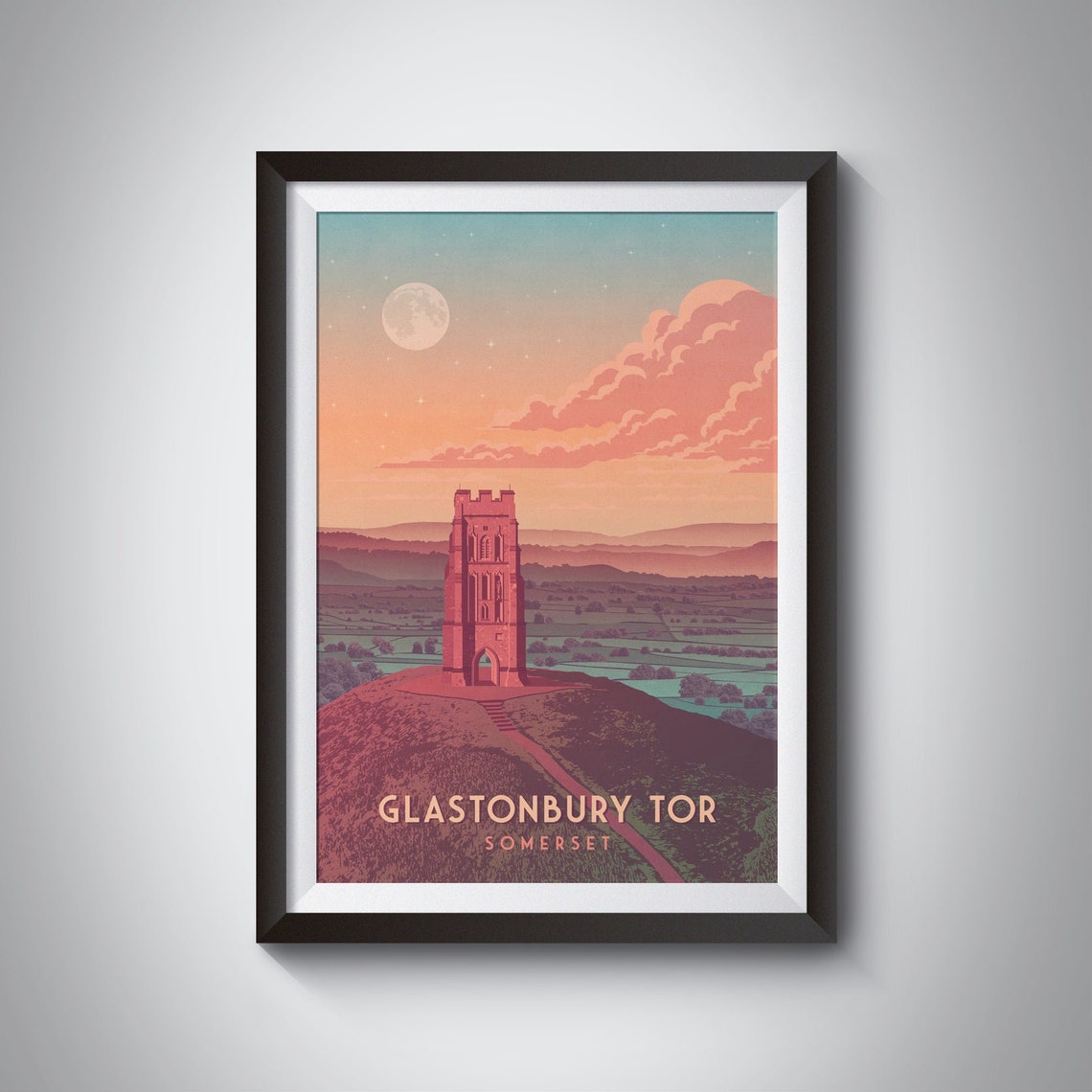 Glastonbury Tor Somerset Moonlit Tower Panoramic Sunset Poster
