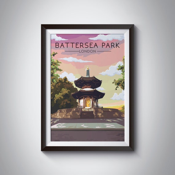Battersea Park London Travel Poster, River Thames View