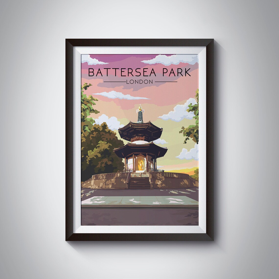 Battersea Park London Travel Poster, River Thames View