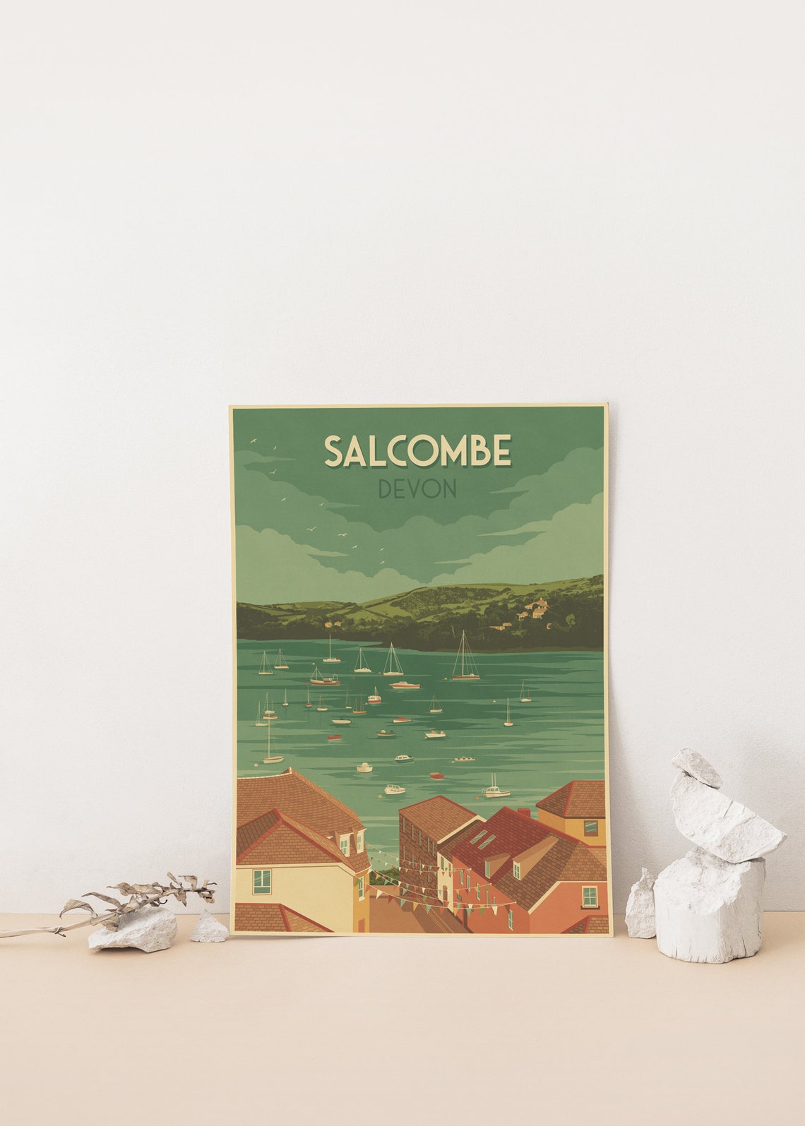 Salcombe Devon Harbor Sailboats Green Vintage Retro Travel Poster - Image 4