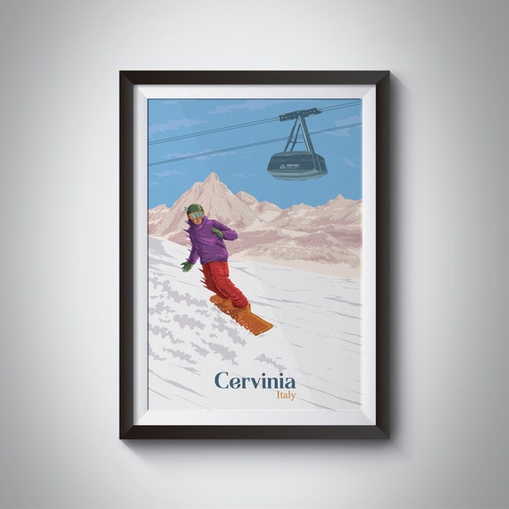 Cervinia Snowboarding Poster Monte Cervino Italy Travel Print Skiing Gift Italian Ski Resort Matterhorn Valle Daosta Wall Art Decor