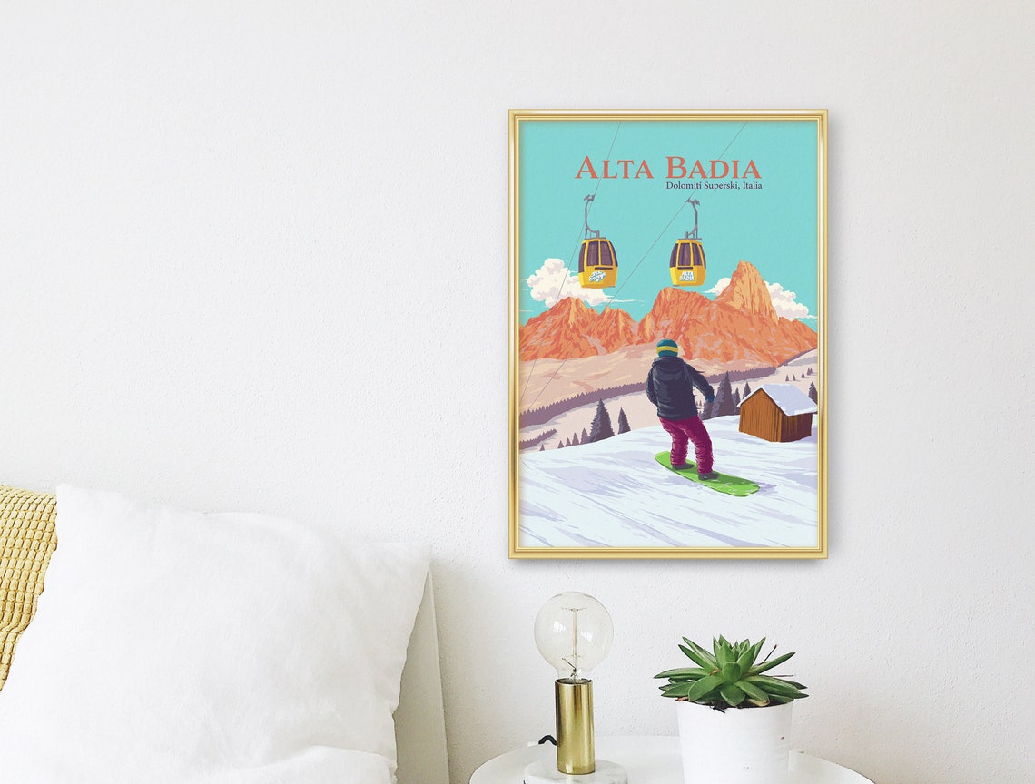Alta Badia Italy Dolomites Snowboarder Gondolas Peak Scene Art Poster - Image 3