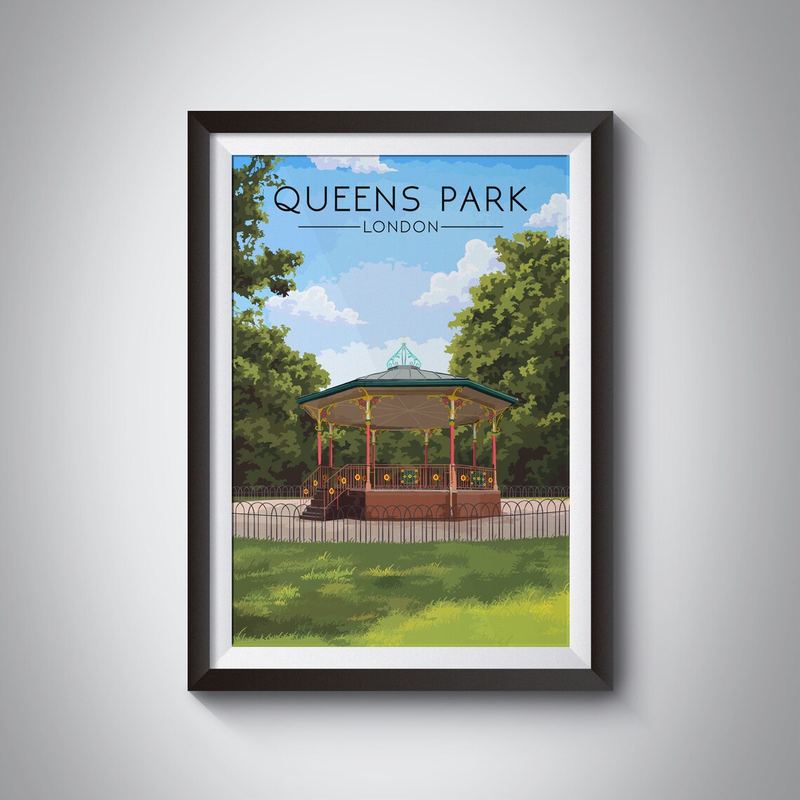 Queens Park London Retro Travel Poster, Bandstand