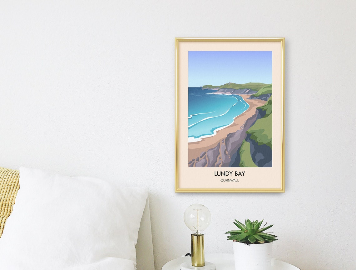 Lundy Bay Cornwall Green Cliffs Sandy Shore Cove Scene Poster - Image 3