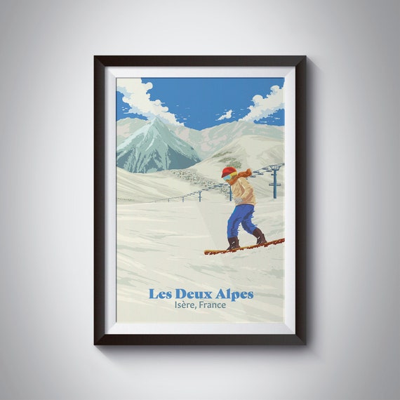 Les Deux Alpes Snowboarding Poster French Alps France Vintage Skiing Print Ski Resort Isere Snowboard Gift Chamonix Seasonaire Art