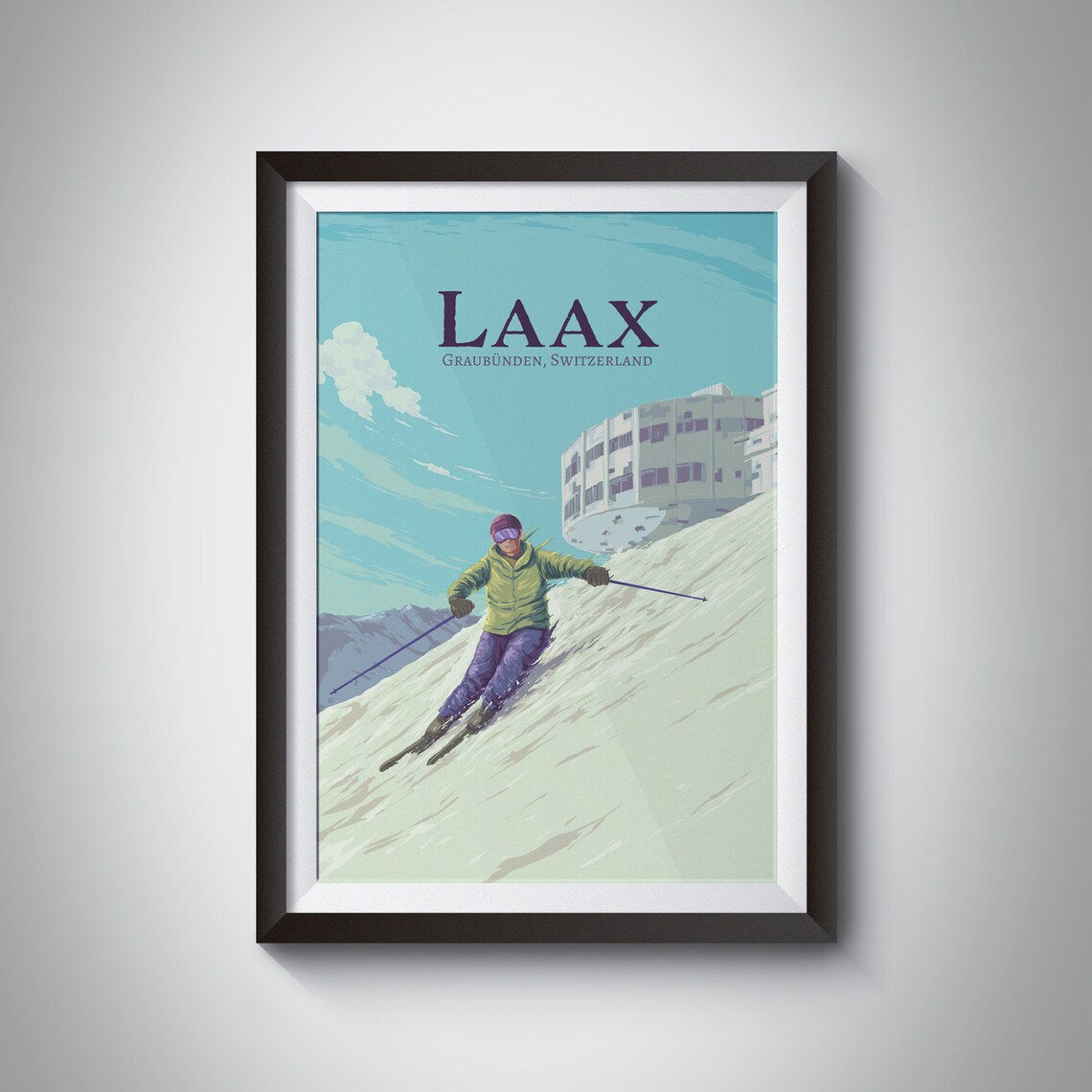Laax Ski Resort Vintage Travel Poster, Swiss Alps