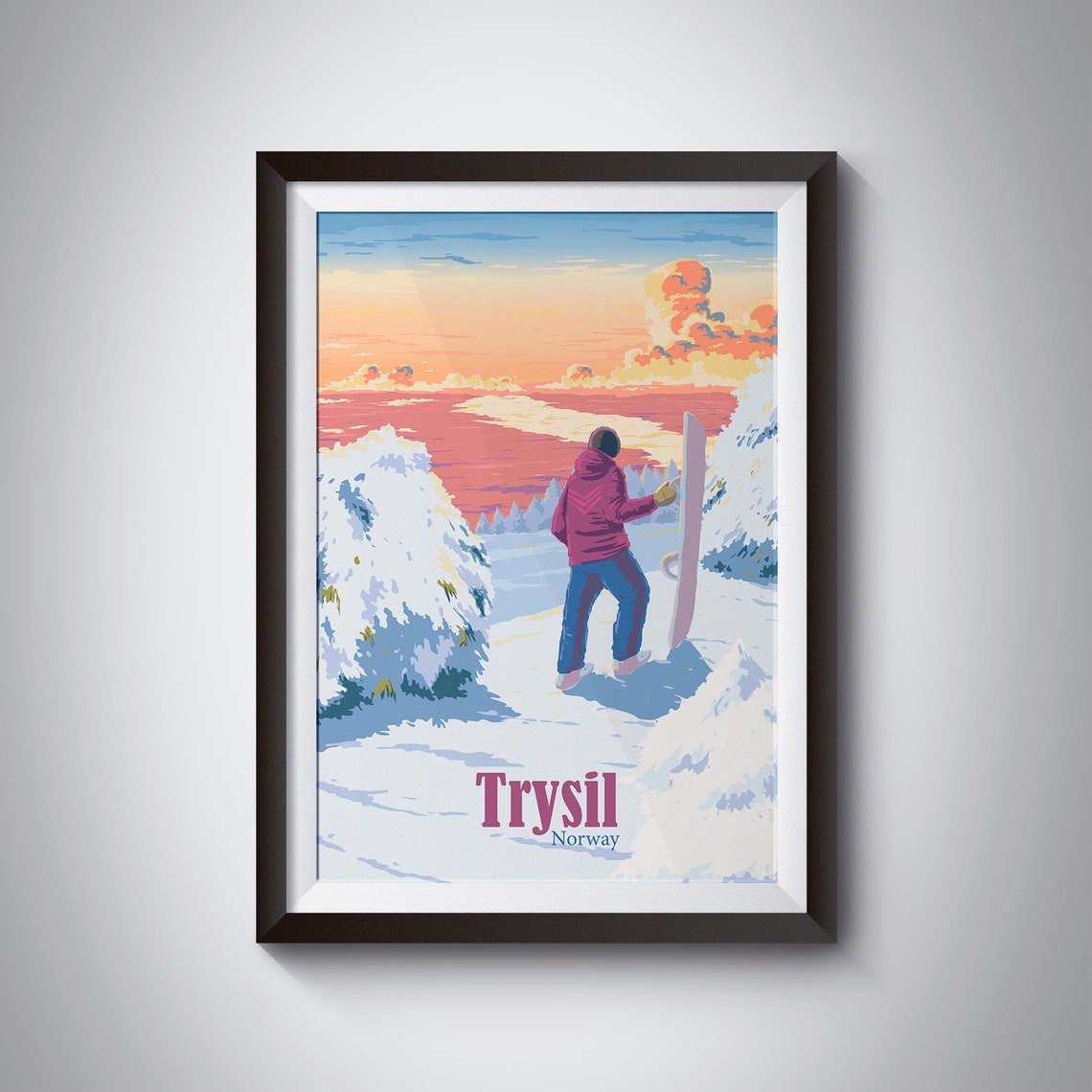 Trysil Norway Pink Sunset Snowboarder Winter Ski Resort Poster