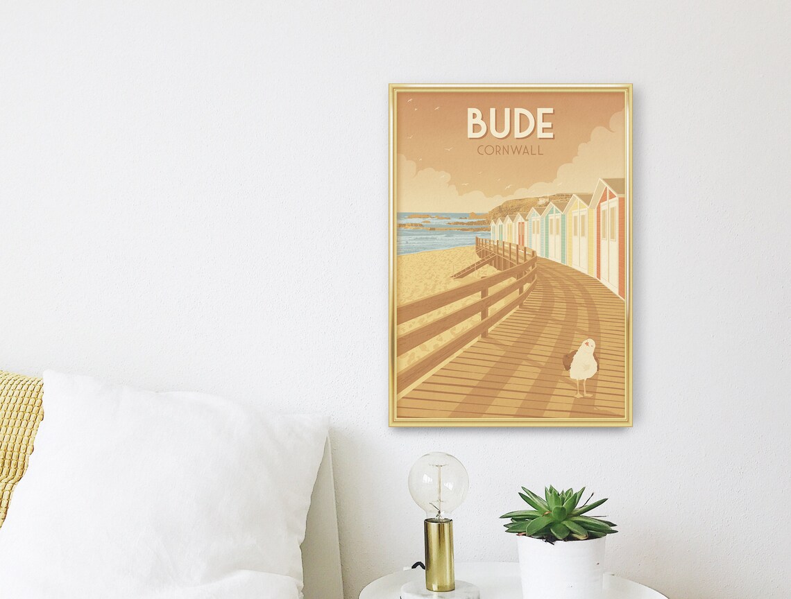 Bude Cornwall Beach Huts Boardwalk Seagull Vintage Retro Travel Poster - Image 3