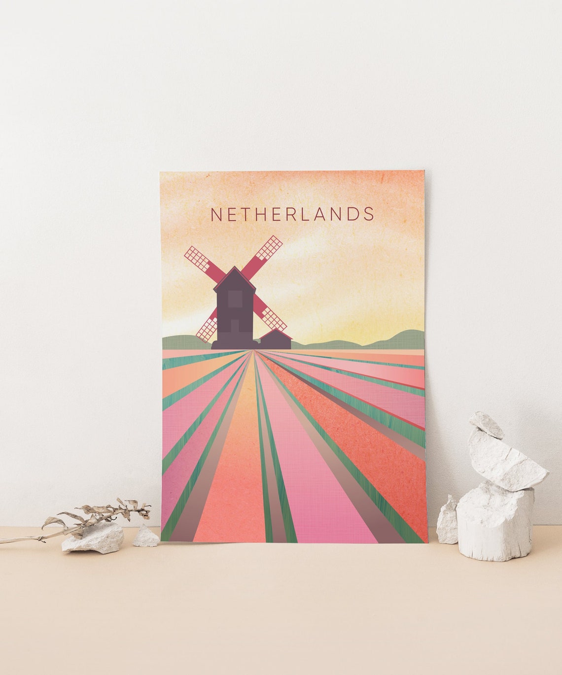 Netherlands Windmill Tulip Fields Minimalist Poster, Dutch Sunset Art - Image 4