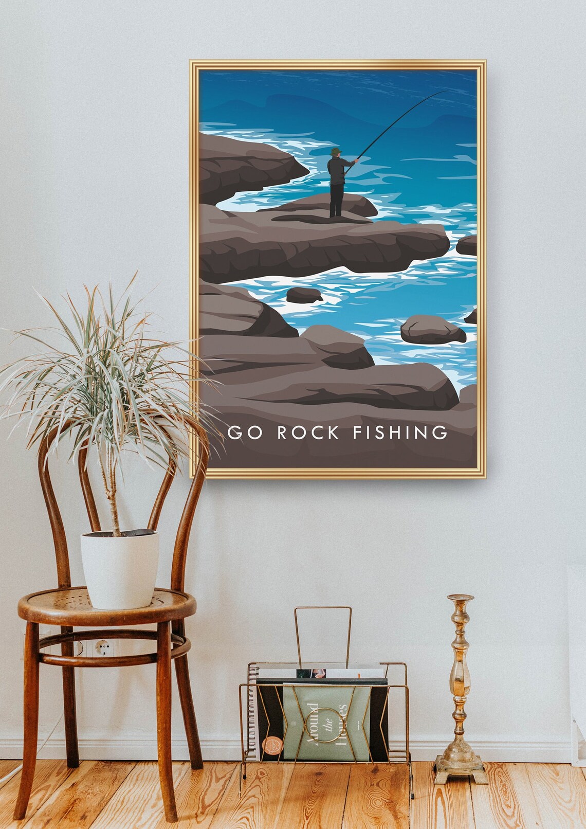 Go Rock Fishing Coastal Angler Rocky Shore Retro Outdoor Travel Poster - Image 2