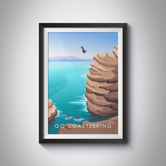 Go Coasteering Cliff Jumping Turquoise Sea Swimmers Adventure Travel Poster