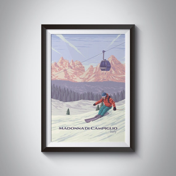 Madonna Di Campiglio Ski Resort Poster Italy Italian Alps Snowboarding Vintage Travel Print Retro Ski Art Mountains Brenta Dolomites