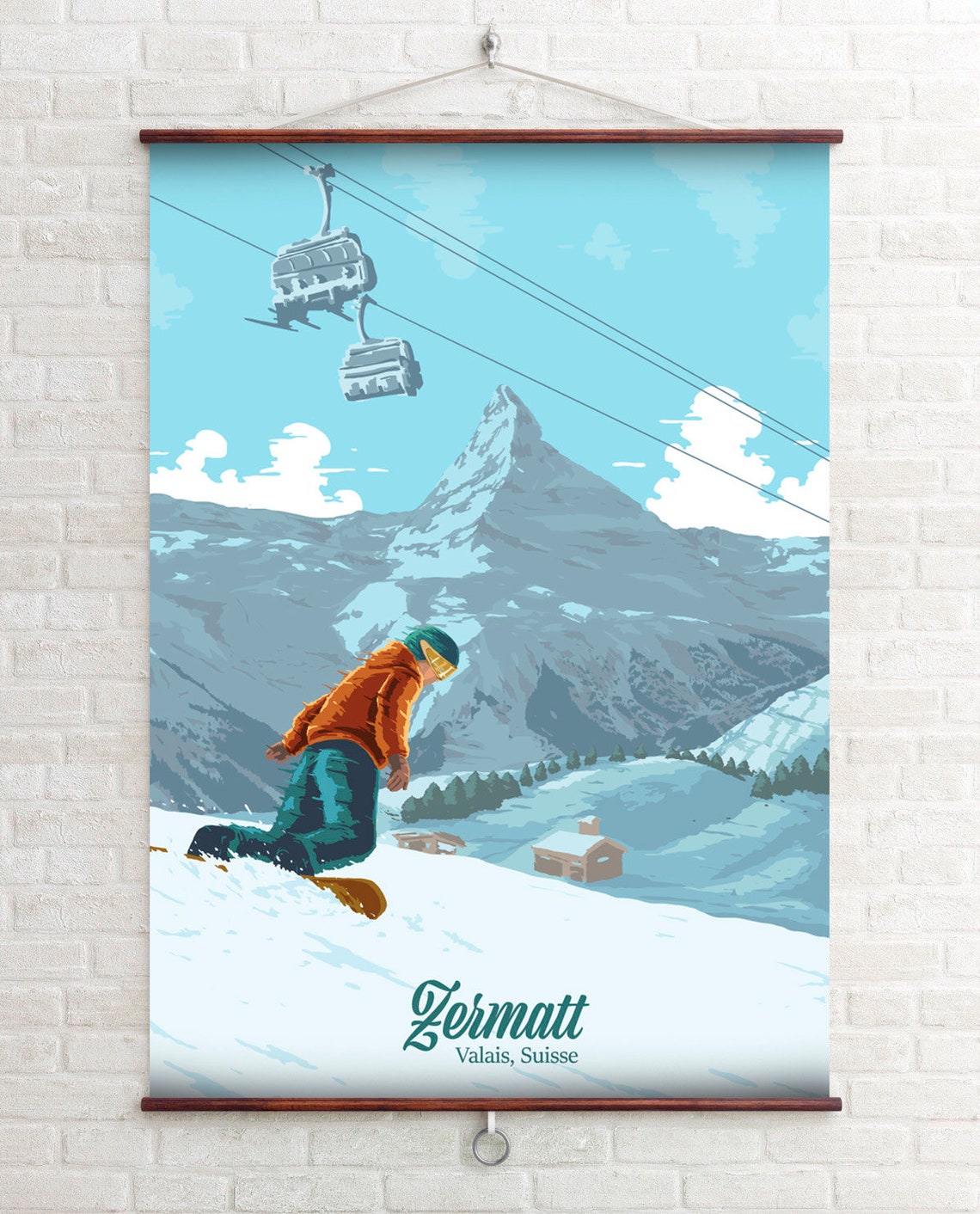 Zermatt Switzerland Snowboarder Carving Matterhorn Gondolas Ski Poster - Image 2