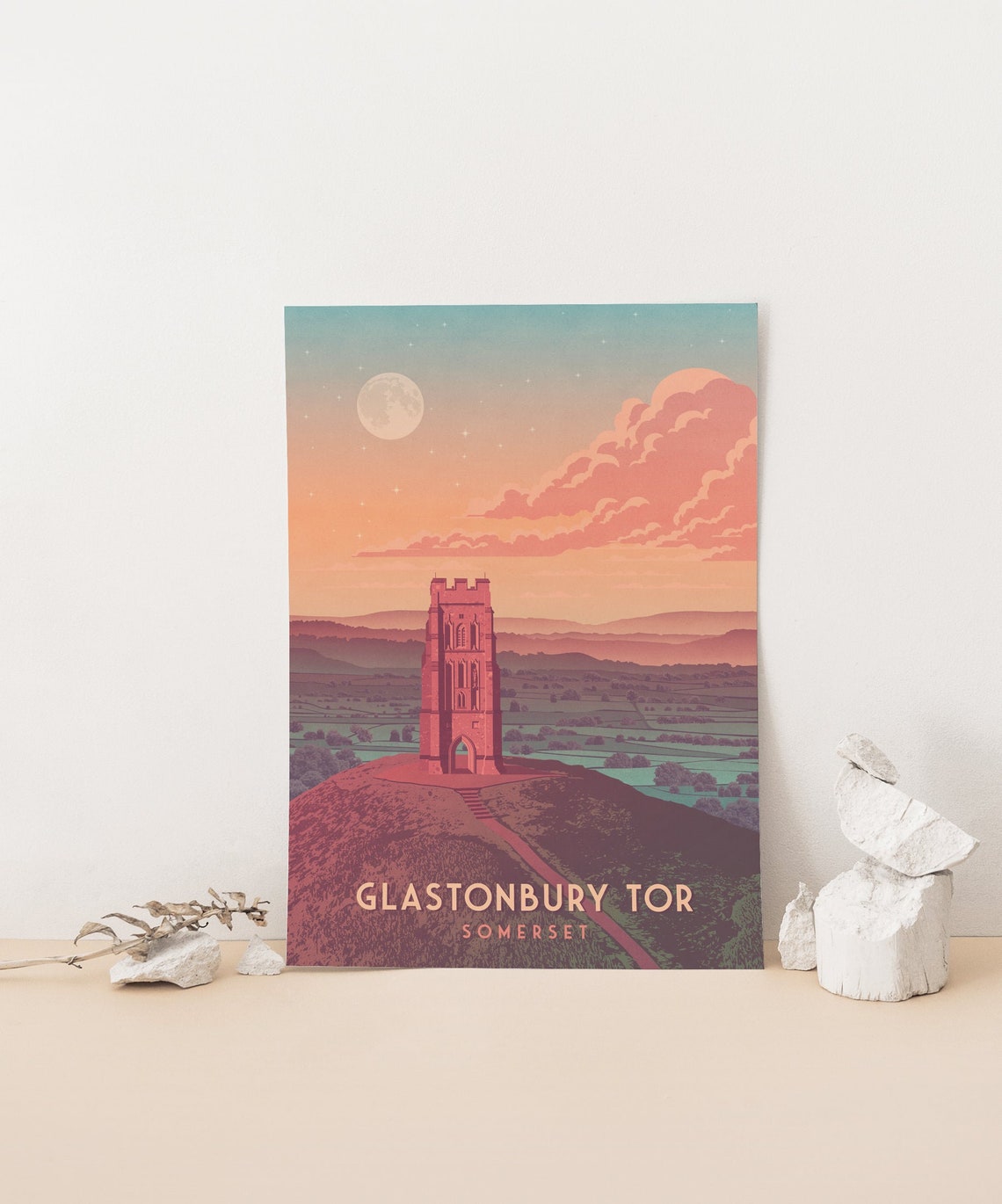 Glastonbury Tor Somerset Moonlit Tower Panoramic Sunset Poster - Image 4