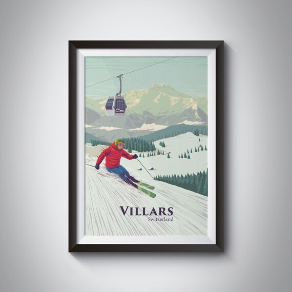Villars Ski Resort Vintage Travel Poster, Swiss Alps