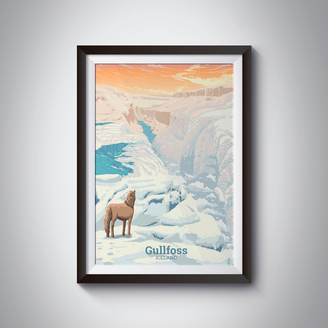 Gullfoss Waterfall Iceland Retro Travel Poster