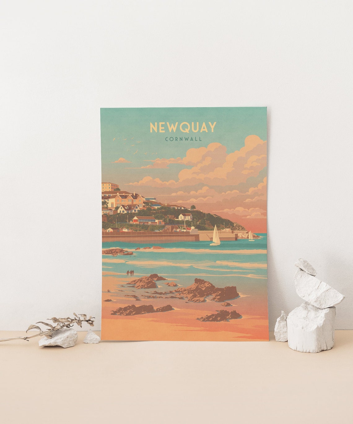 Newquay Cornwall Golden Beach Sunset Sailboats Rocky Shore Poster - Image 4