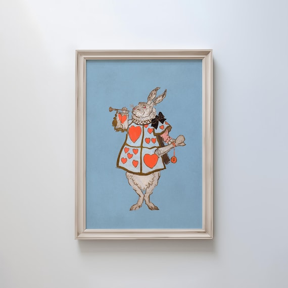 Vintage White Rabbit Herald with Hearts Coat Storybook Poster