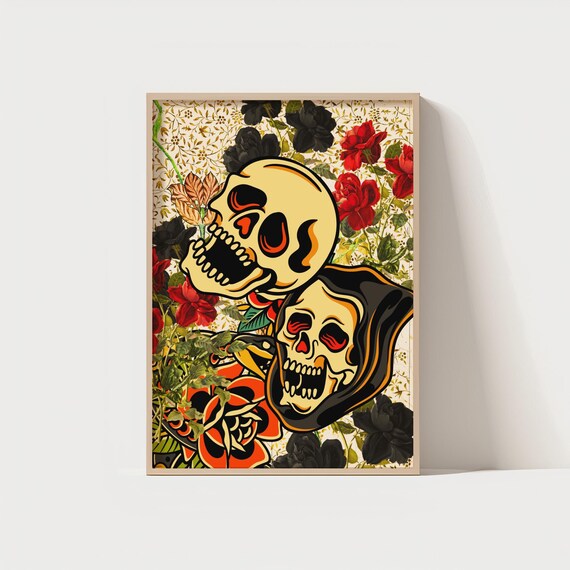 Bold Old School Tattoo Skull Duo with Red Roses Floral Poster