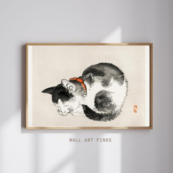 Kno Bairei Sleeping Cat Print Japanese Vintage Ink Painting Sumie Animal Art Zen Wall Decor 300 Dpi
