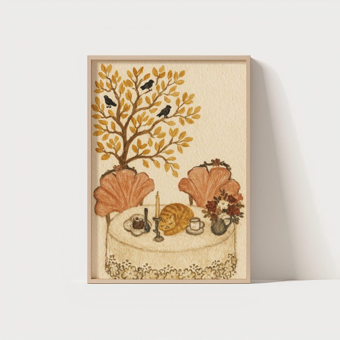 Autumn Cozy Table Art Print Cat Candle Crow Illustration 5 Highres Jpgs 300 Dpi