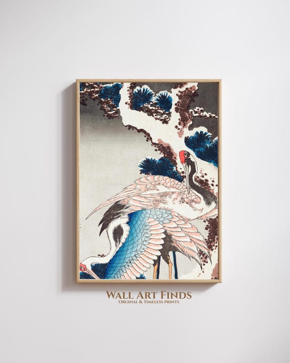 Hokusai Crane Print Japanese Vintage Bird Art With Pine Tree Traditional Nature Woodblock Style Poster 300 Dpi